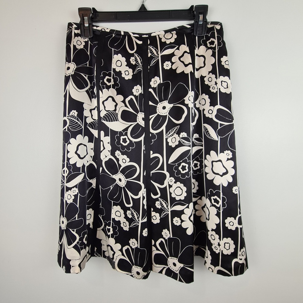 Drama‎ Womens 100% Silk Floral A-Line Knee Length Skirt Size 6 Black Cream USA